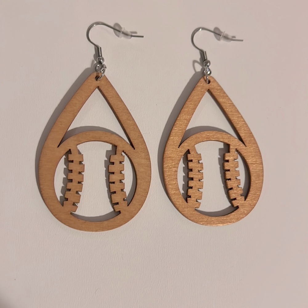 New Womens baseball/softball tear drop  wood earrings, natural wood color.